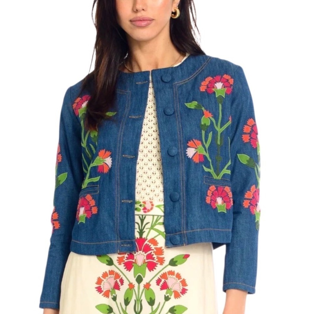 Elizabeth James The Label Remy Jacket Flower Embroidered Chambray Blue Medium